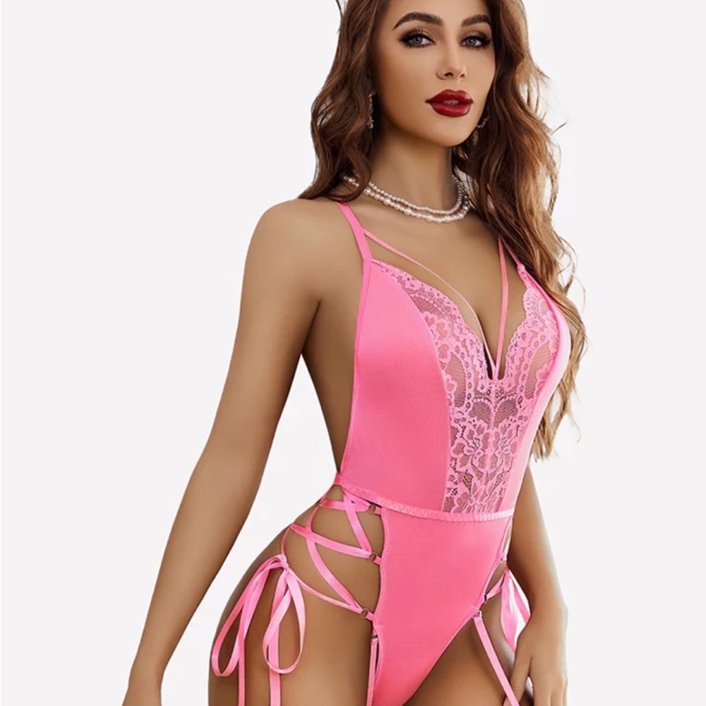 Vibrant Pink Lace Bodysuit with Strappy Sides